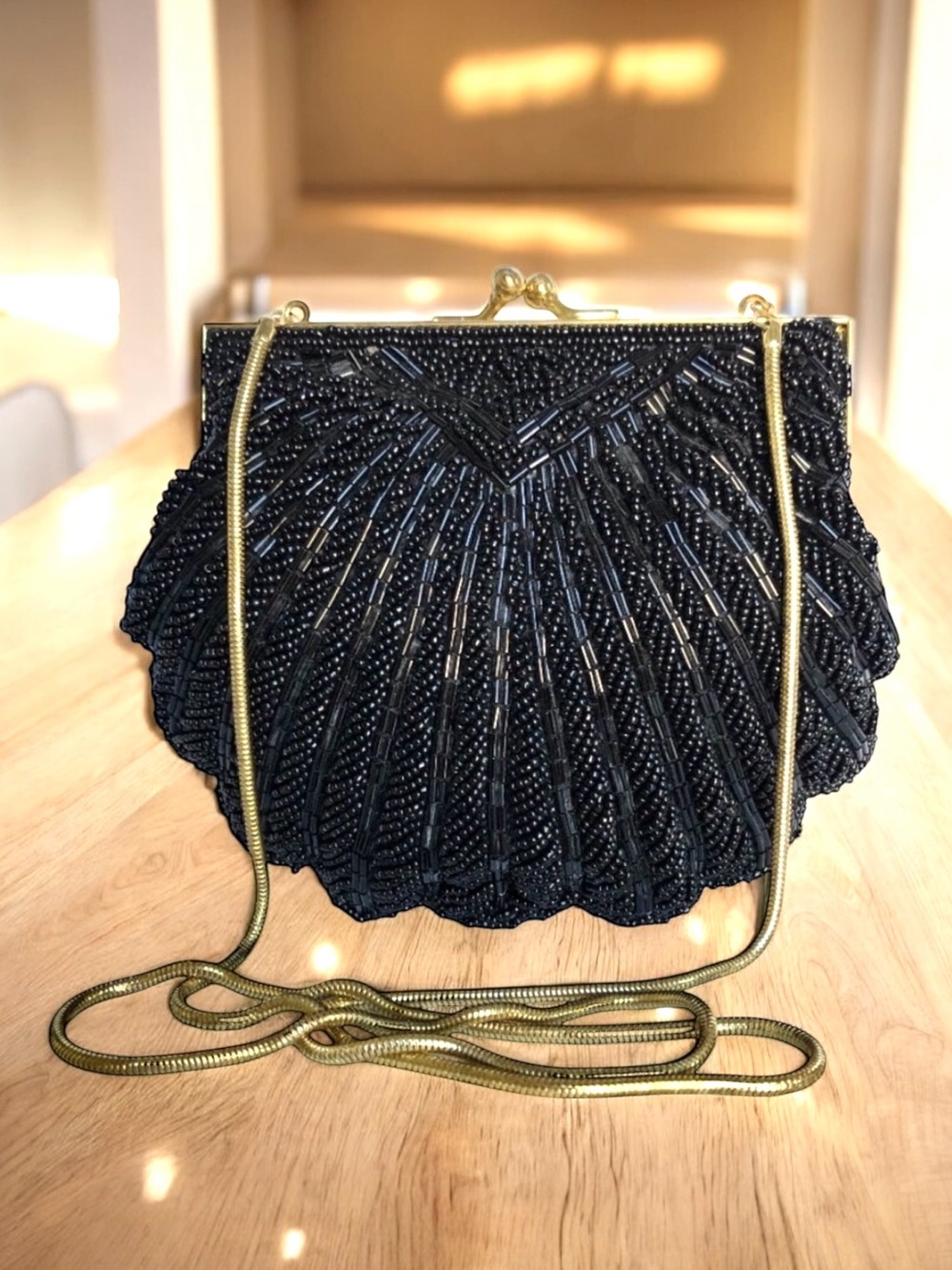 Black Beaded Satin Gold Snake Chain Evening Bag Clutch